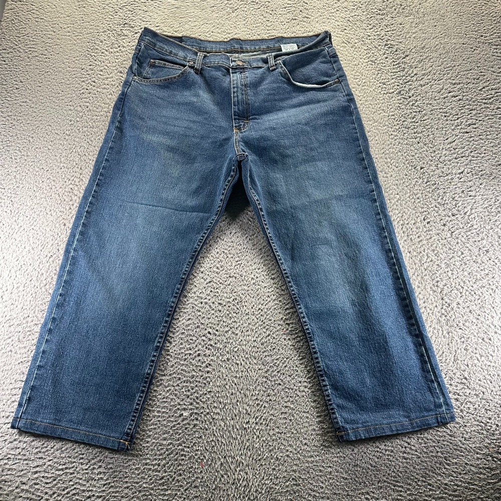 Wrangler Jeans Men 36x25 Blue Cotton Denim Straight Faded Stretch Workwear Baggy